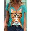 Cat 3D Printed Short Sleeved T-shirt Summer Breathable Polyester Simple V Neck Top