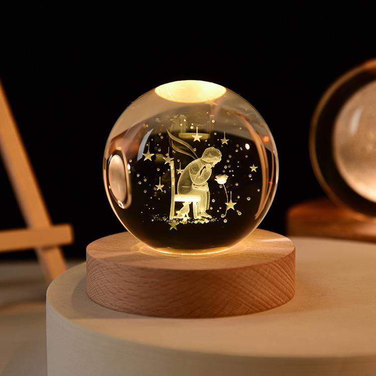 3D Crystal Ball Light Solar System Planet Pattern Crystal Ball Round Wooden Base Night Light for Kids Bedroom Table Desk Decor