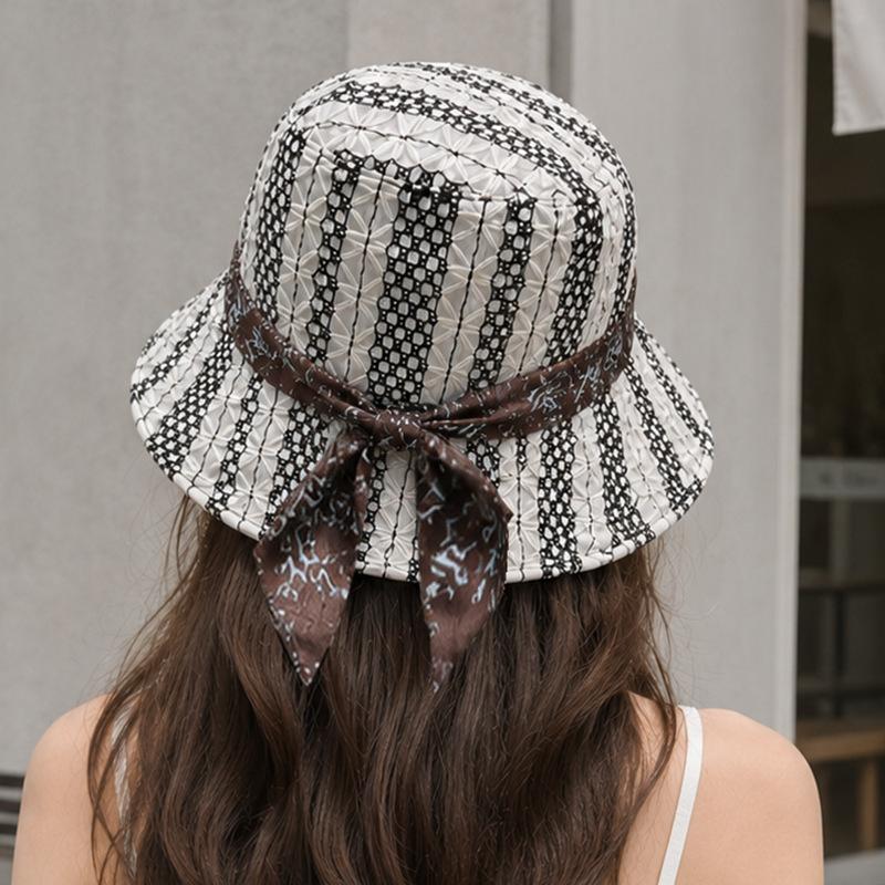 French bow retro bucket hat women's summer new sunshade sunscreen hat showing face versatile hollow breathable basin hat