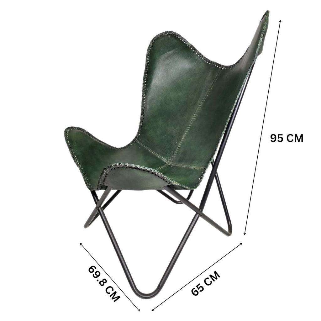 Складное зеленое кожаное кресло-бабочка - удобное кресло-бабочка для гостиной с подлокотниками - с черной порошковой покраской железной подставкой