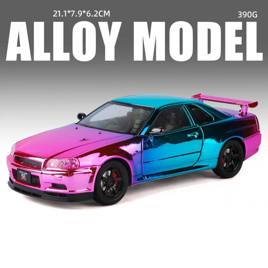 1/24 Nissan Хромированный GT-R GTR R34 Сплав Спортивный Автомобиль Модель Литье под Давлением Металл Трек Гонки Автомобили Модель Звук Свет Детские Игрушки Подарок