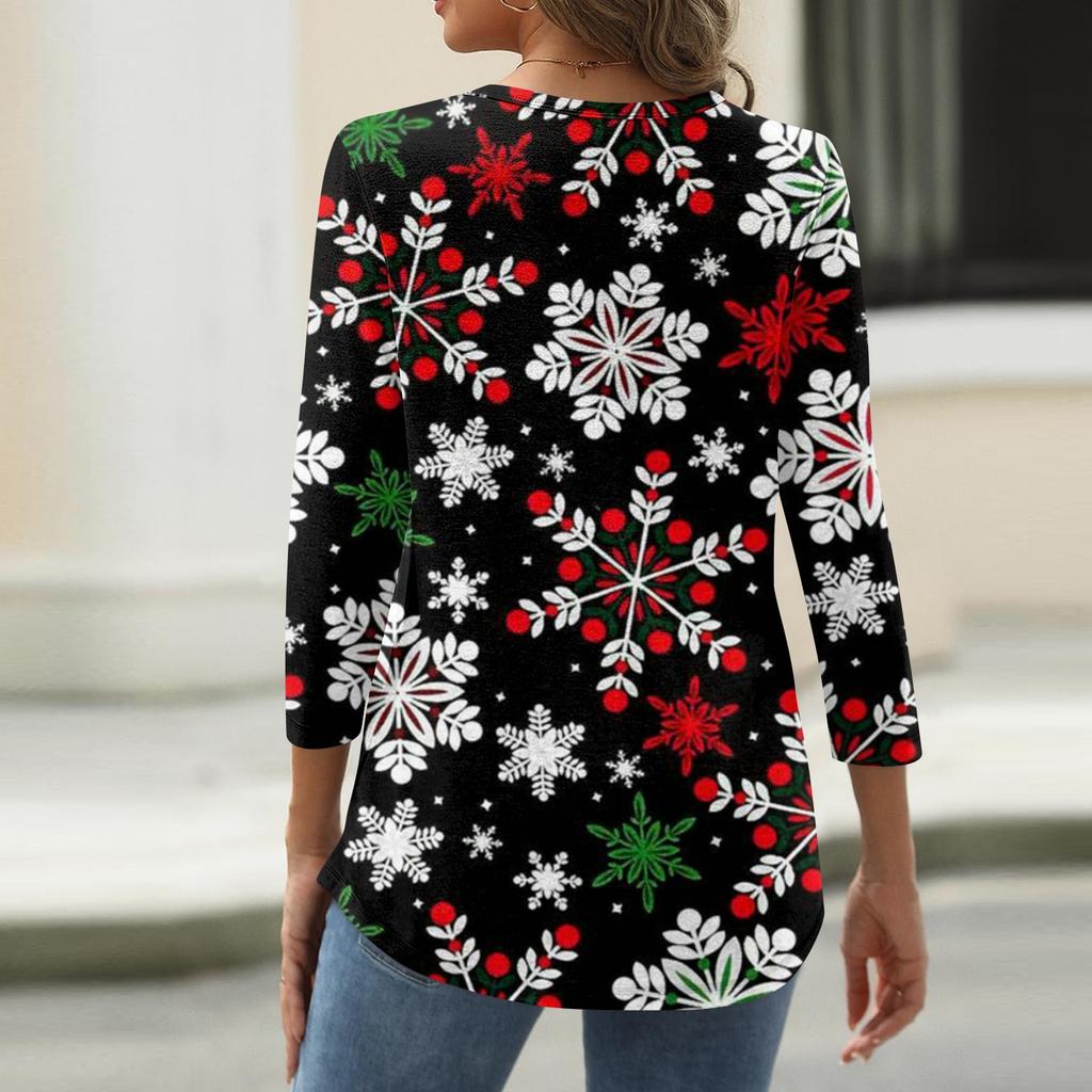 Women's Fashionable Casual Christmas Printed V-neck Three-quarter Sleeve Decorated Button Top
