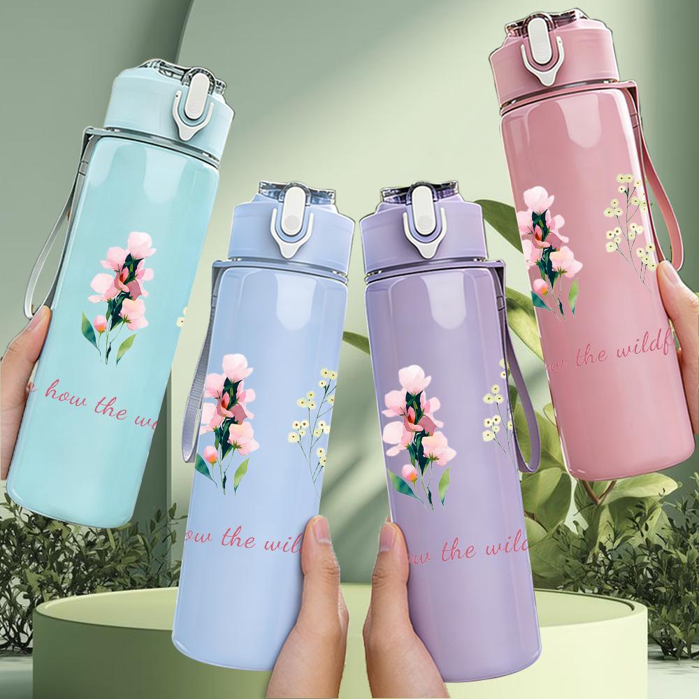 1PC Soft Pastel Wildflower 750ml Color Plastic Sports Water Bottle Leakproof Flip Straw Lid Suitable for Sports Office Home Use