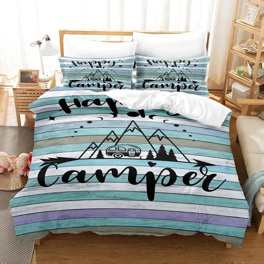 2/3pcs Happy Camper Pattern Printed Bedding Set, Suitable For Teenagers And Adult's Bedroom, Camping Duvet Cover Pillowcase