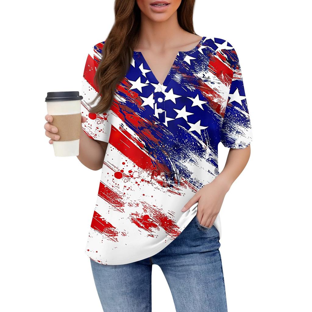 Women's T Shirt Independence Day Print Button Short Sleeve Daily Weekend Fashion Basic V- Neck Regular Top