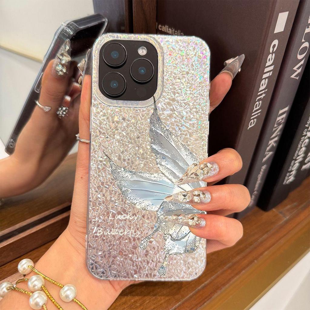 Чехол для iphone 11 14 15 XR 16 Plus 12 17 Pro 13 XS Max 18 Pro Max Air Блестящий Серебряный Крылья Бабочки Искры Трескающаяся Фольга Акрил ТПУ Чехол для Телефона