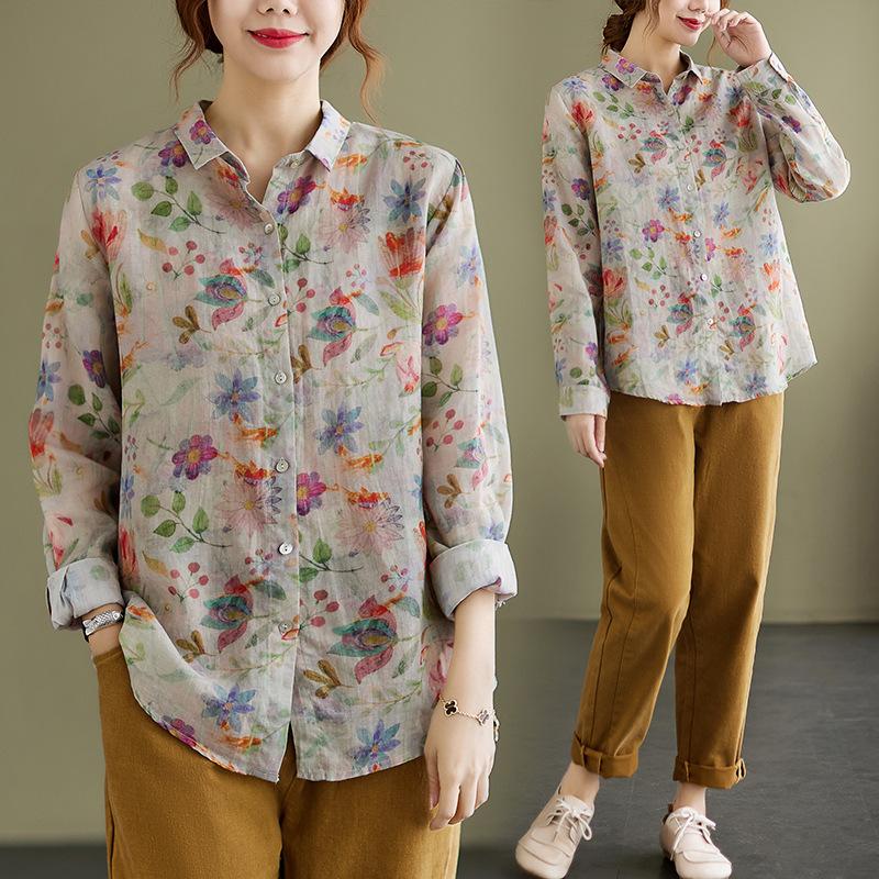 Spring Cotton and Linen Retro Loose Long Sleeved Collared Shirt Top for Women