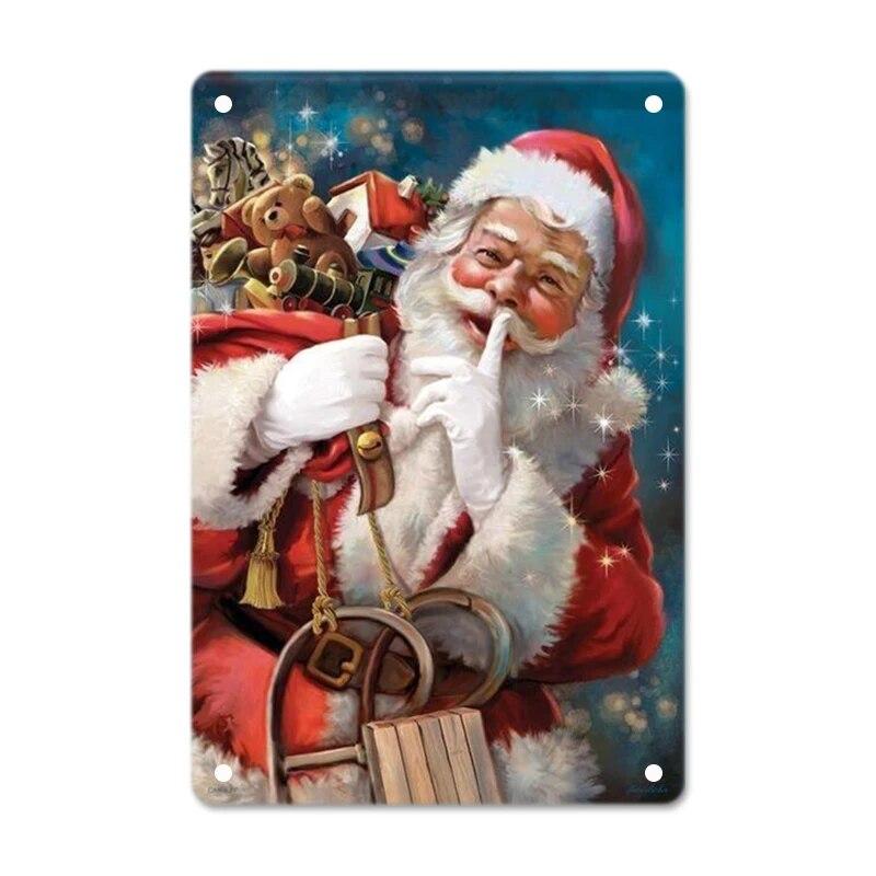 Merry Christmas Posters Tin Sign Cute Snowman and Santa Claus Metal Plaque Wall Art Decor Christmas Gift