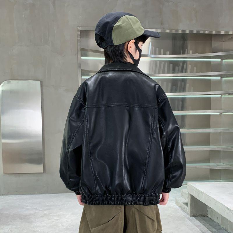 Stylish Leather Jacket for Boys for Spring and Fall Loose-Fitting Workwear Jacket for Kids