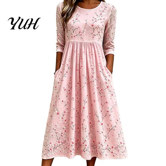 Elegant Daily Wear for Work Dating Autumn Floral Midi Dress Women, Long Sleeve Bohemian A Line Slimming Waist Cinching Dress, Vintage Waist-Cinching