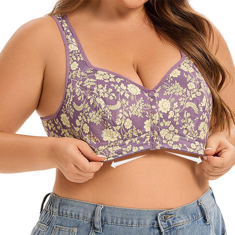 Women's Plus Size Front Closure Floral Print Bra, A-G Cup 36-52 Full Coverage Wireless Vest Style Bra for Large Bust Ladies
