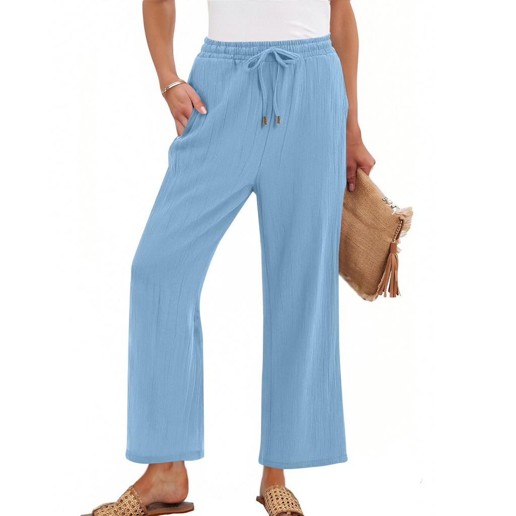 Women's High Waist Adjustable Knot Flowy Cotton And Linen Trousers Wide Leg Pants