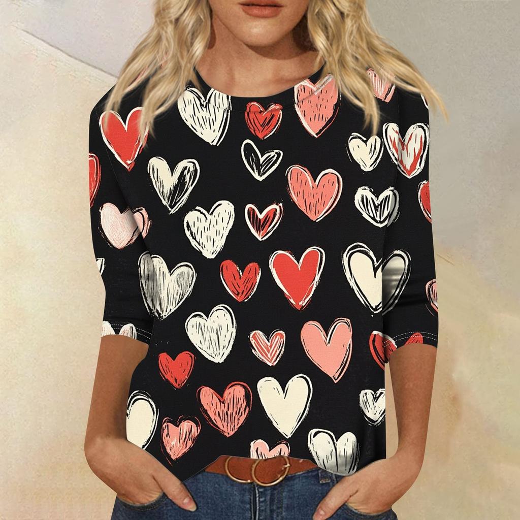 Футболка женская с рукавом 3/4, повседневная футболка с принтом ко Дню святого Валентина, джемпер с круглым вырезом