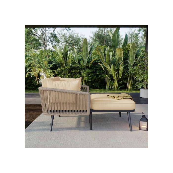 Canapé de jardin avec 2 coussins et 2 coussins de dossier, chaise longue d'extérieur, coussins déhoussables, couleur kaki