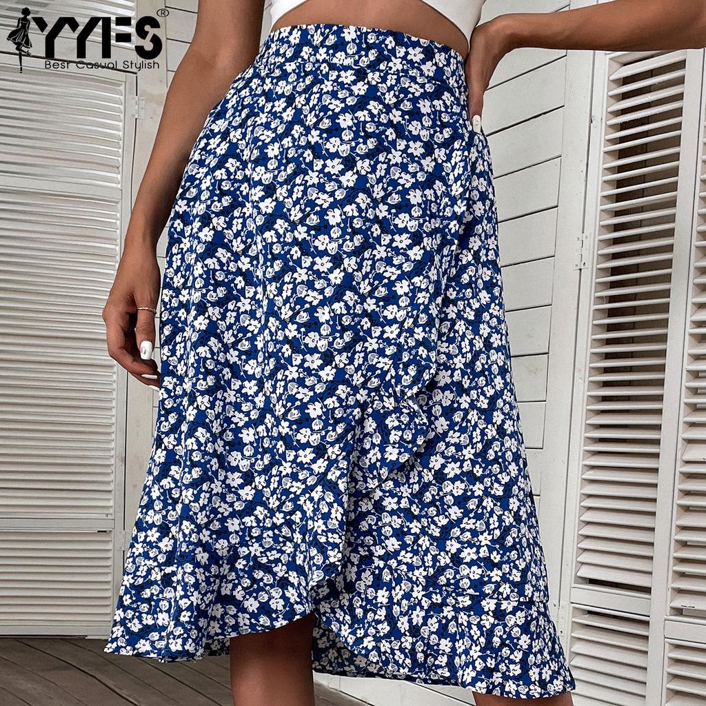 YYFS Women's Vintage Floral Print Casual Summer Spring High Waist Skirts