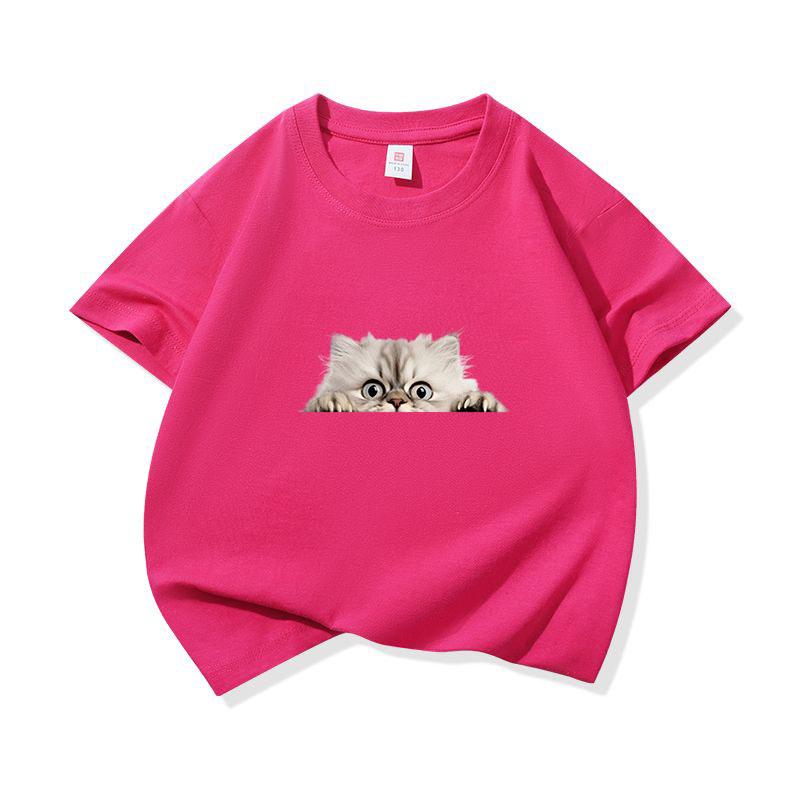 Kids Cotton T Shirt Peeking Persian Cat Pattern Print Crew Neck Short Sleeve Tee Casual Breathable Boys Girls Summer Tops