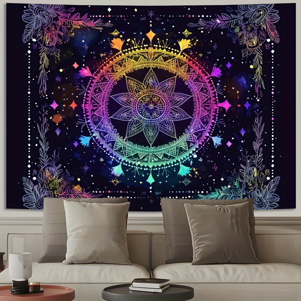 Rainbow Mandala Tapestry, Psychedelic Print with Colorful Flower Mandala, Stars & Floral Vines, Black Wall Hanging for Bedroom