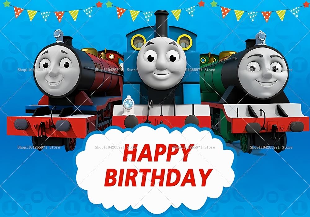 Thomas train themed birthday background for kids, banner with toy and friend train, vinyl backdrop, photo accessories, Baby Shower.