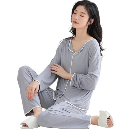 2 Pcs/Set Women Pajamas Suit with Chest Pads Long Sleeves Loose Solid