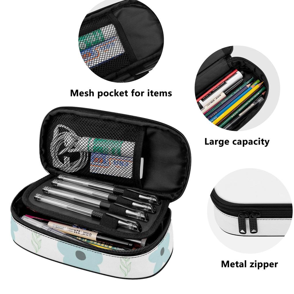 Pencil Pouch Organized Storage Zipper Closure 300D Polyester with Main Compartment Mesh Pocket and Pen Slots for Students