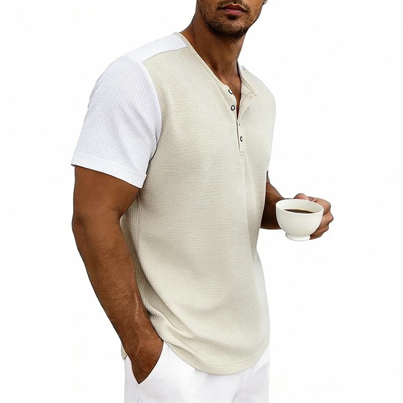 Мужская свободная вафельная футболка-henley с коротким рукавом, летний повседневный топ