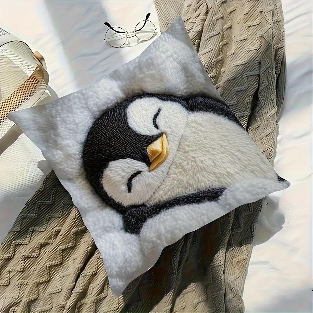 Cute Sleeping Penguin Pillow Cover Fuzzy Plush Print Cushion Case Kawaii Kids Room Nursery Gift Decor
