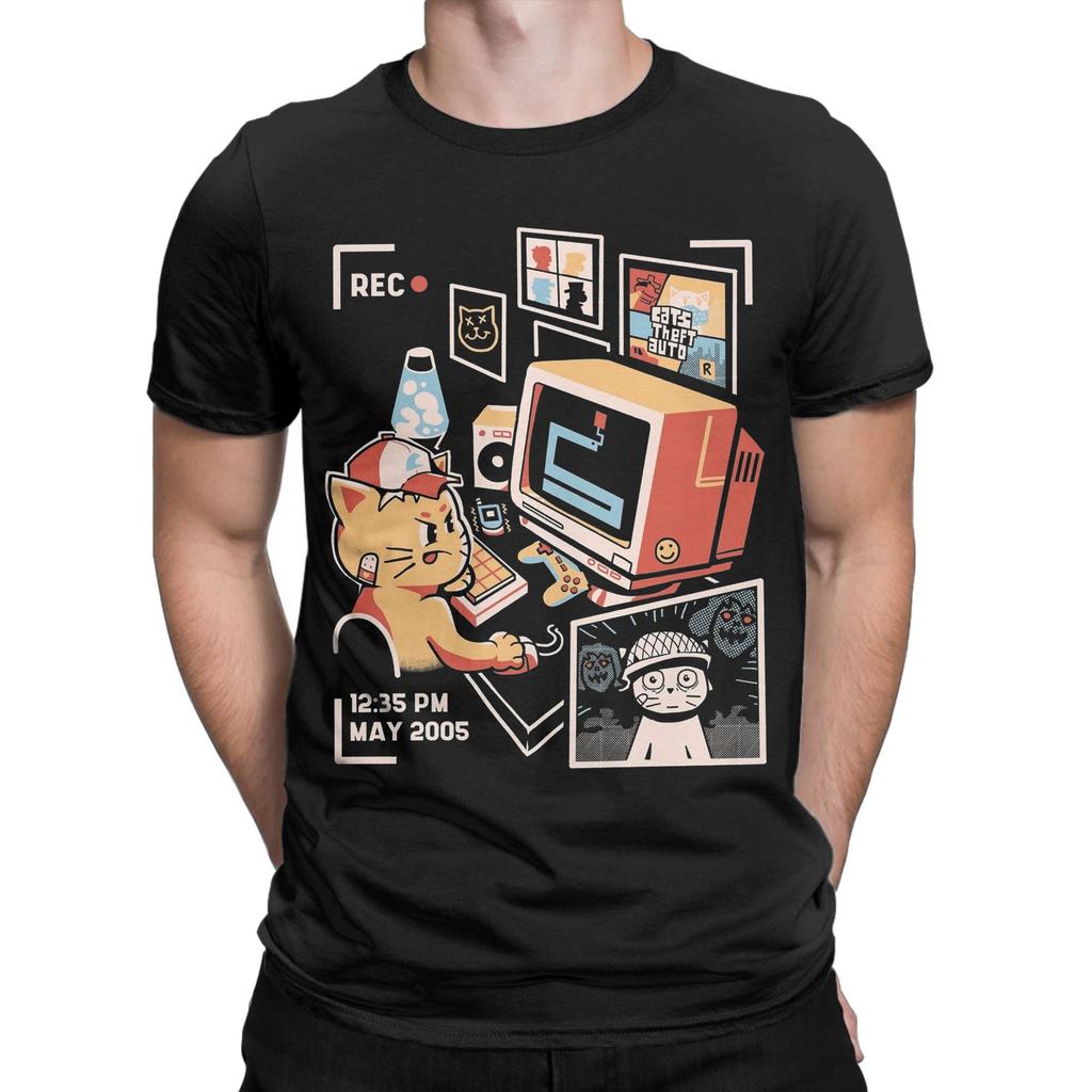 Cat Playing Computer Games T Shirt Men's 100% Cotton Funny T-Shirts Crew Neck Tees Short Sleeve Clothing Plus Size