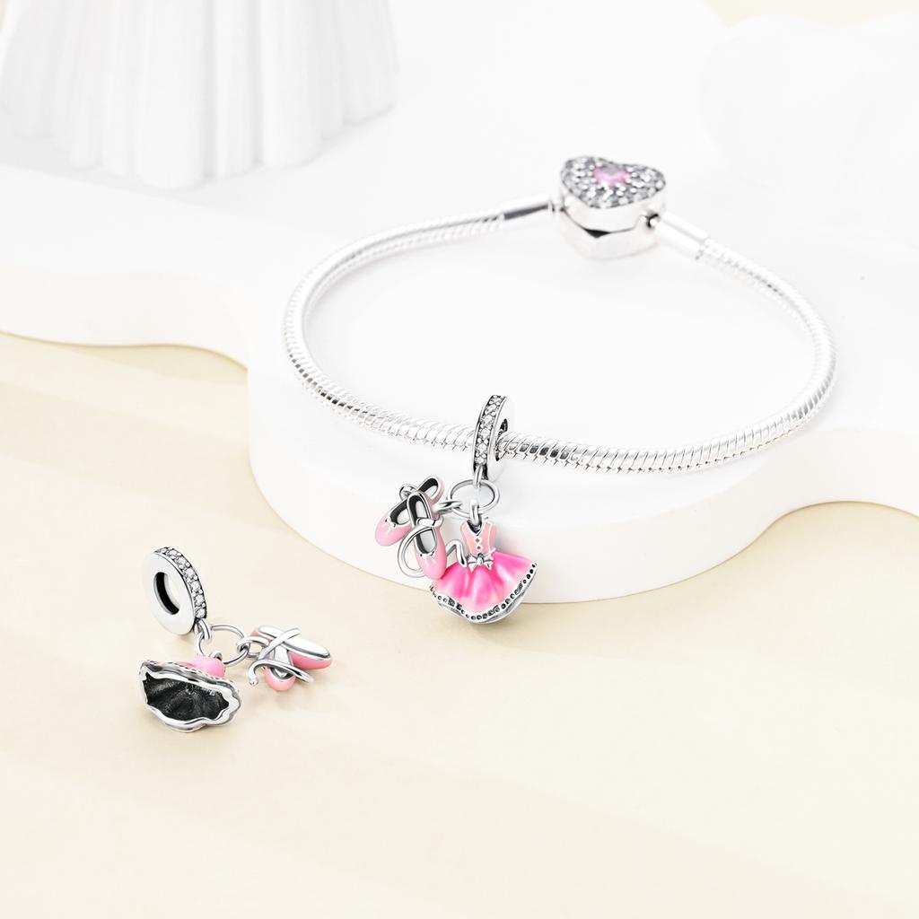 925 Silver Pink Ballet Shoes Ballet Set Charms Fit Original Charm Bead Pendent Dangle Bracelet DIY Women Jewelry Gift