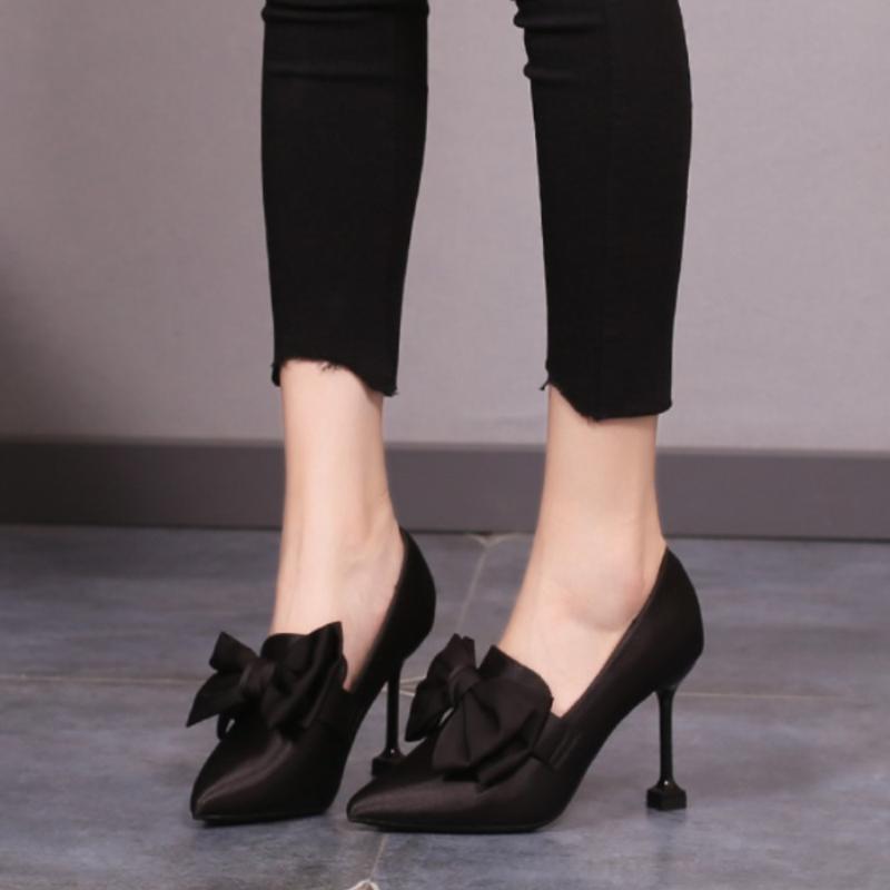 Модные шелковые туфли-лодочки с бантом, женские, сексуальные, с острым носком, на шпильках, туфли для вечеринок, женские, черные, красные, на очень высоком каблуке, женские, 8,5 см