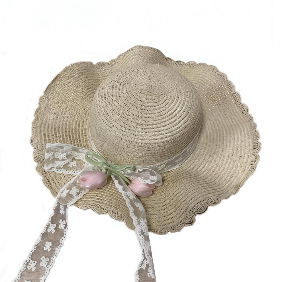 (One Size, Yellow) Women's Straw Sun Hat Breathable Stylish Decorative Tulip Lace Band Wide Brim Beach Hat
