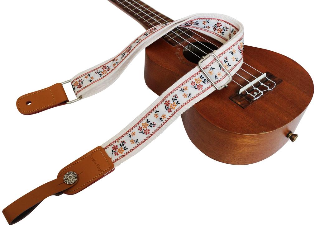Оригинальная винтажная цветочная вышивка и натуральная кожаная укулеле. Плечевой ремень для укулеле поставляется с ремнем из натуральной кожи с дизайном [MUSIC FIRST],
