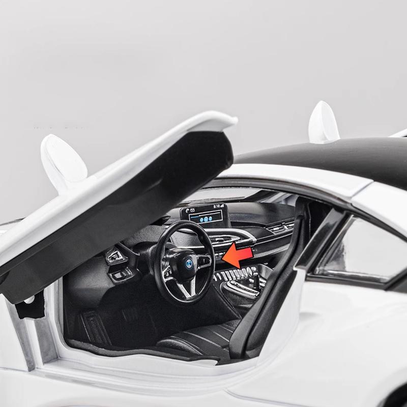1/24 BMW I8 Supercar Модель автомобиля из сплава Литые металлические игрушечные транспортные средства Звук Свет Моделирование Коллекционные предметы Хобби Детские игрушки Подарки
