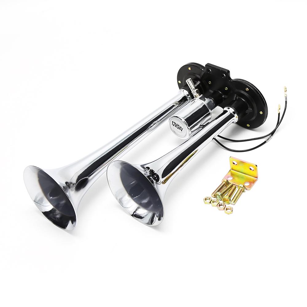 Dual Trumpet Electric Horn Loud Chrome Air Horn Speaker Kit 12V/24V Universal for Train Truck Lorry