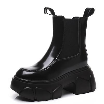 Модные черные 8,5 см новые лакированные ботильоны из натуральной кожи с микрофиброй на платформе и танкетке для мотоциклистов весна-осень женские повседневные туфли на молнии