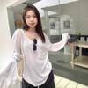 Elegant Sheer White U-Neck Long Sleeve Top - Women's Spring/Fall Loose Fit Cover-Up