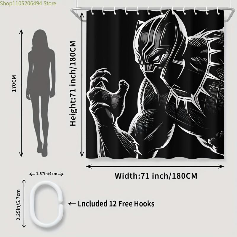 1pc Marvel Black Panther Waterproof Polyester Shower Curtain with Hooks, Machine Washable, Cartoon Pattern, Arts Theme, All-Se