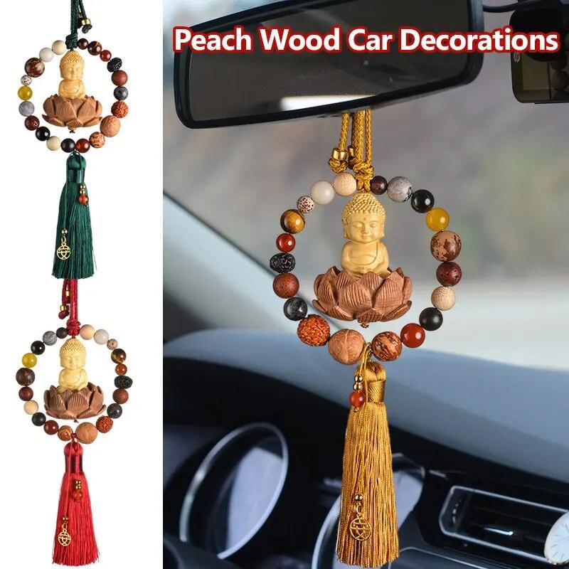 Upgraded Car Rearview Mirror Buddha Pendant Chinese Wooden Carving Lotus Buddha Statue Auto Hangings Tassel Decor Car Interior