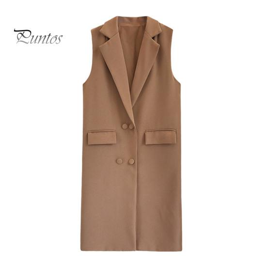 Осень-весна женский жилет с отложным воротником двубортный свободный без рукавов до колена карманы кардиган сплошной цвет повседневная одежда жилет пальто
