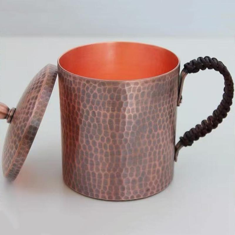 Винтажная Медная Кофейная Чашка, Ручная Работа, Чеканка, Текстура Молотка, С Крышкой 500 мл Пивная Кружка, Плетеная Ручка, Чашка для Чая, Столовая Посуда