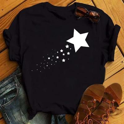 Maycaur Woman Star Moon Print Harajuku Летние футболки Повседневная футболка с круглым вырезом и коротким рукавом Женская черная футболка Прямая поставка