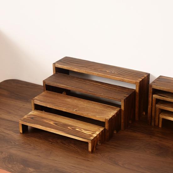 4Pcs/Set Wooden Tiered Riser Display Stand 4-Tie Perfume Organizer Stand Rustic Dessert Spice Figure Display Rack Riser Shelf Decoration
