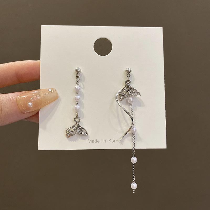 Серебряная игла асимметричные серьги-русалки с жемчугом женственность высококлассные серьги с бахромой легкая роскошь персонализированные серьги
