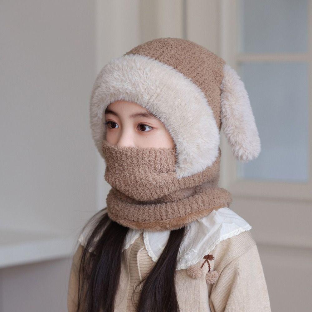 Knitted Beanie Rabbit Ear Winter Hat Plush Face Guard Neck Warmer Plush Scarf Hat Kids Winter Wear