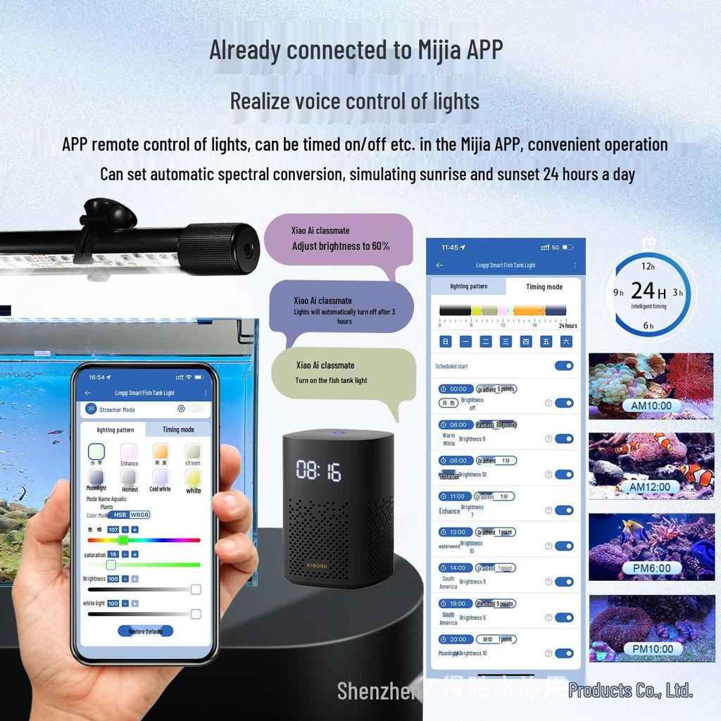 Yidesheng Waterproof Smart LED Fish Tank Light with Dimmable Color-Changing Tube, Mijia App Compatible, Super Bright, Color Enhancing.
