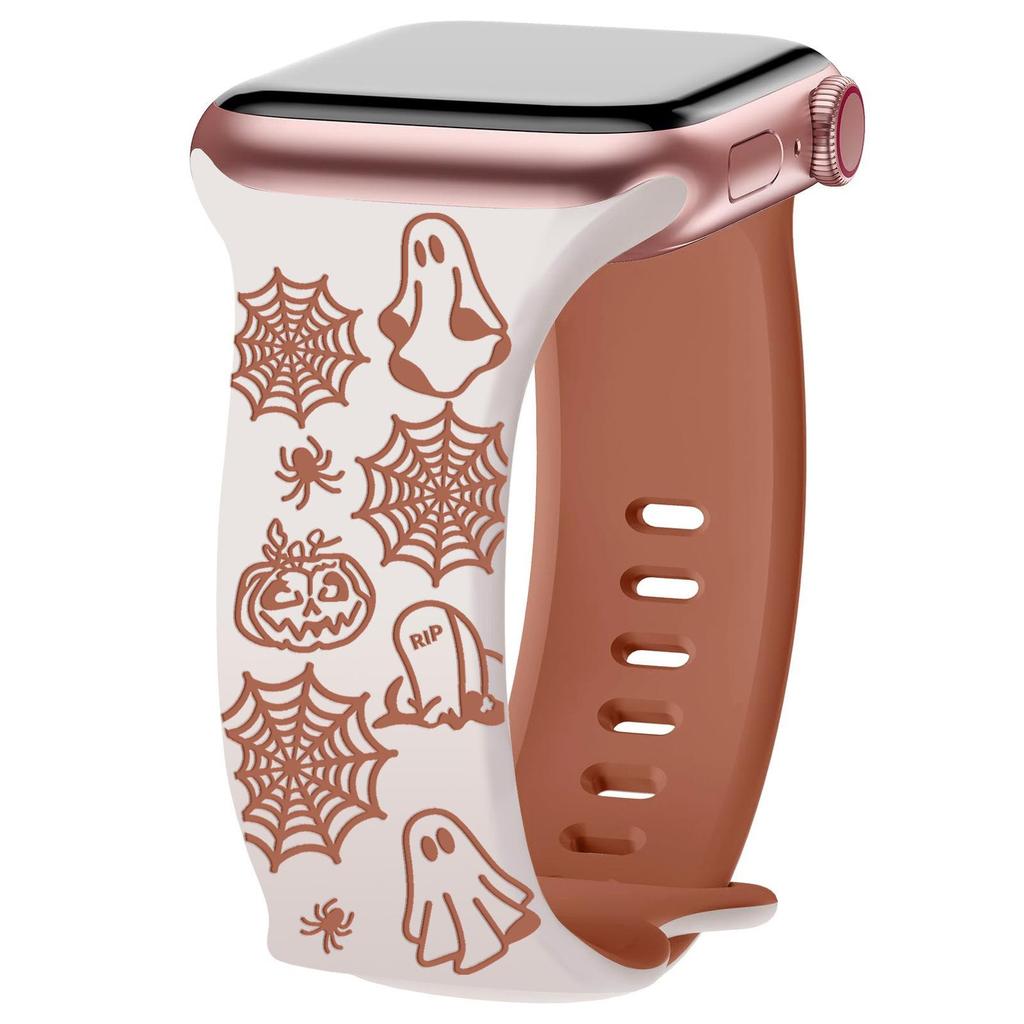 Силиконовый ремешок с гравировкой призрака и пряжкой-бабочкой для Apple Watch iWatch8 - Хэллоуинская версия
