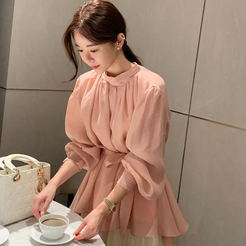 Women's French Style Ruched Long-Sleeve Waist-Slimming Blouse, Spring/Autumn 2025 Trend