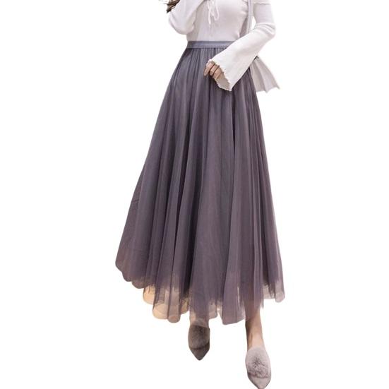 Women Midi Skirt Elastic High Waist Long Skirt with Solid Mesh Hem Solid Color A-Line Skirt Daily Wear