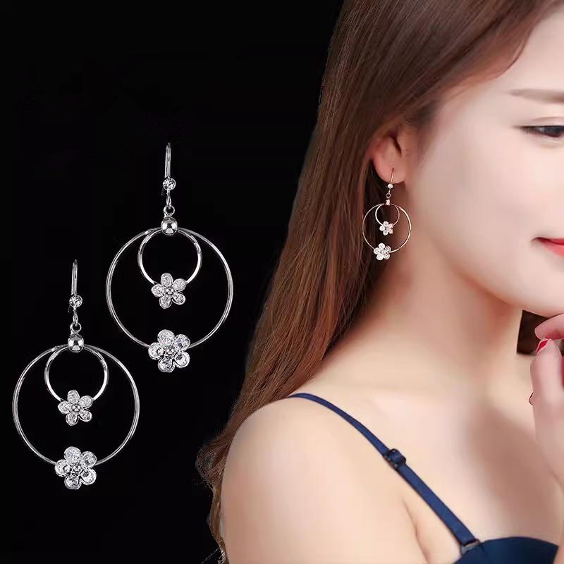 Luxury Zircon Flower Round Hoop Clip On Earrings Without Piercing Women Bride Long Ear Cuff Vintage Jewelry