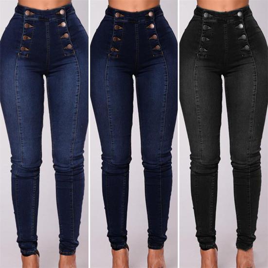 Waist Shaping Decoration High Buttons Women Jeans Pockets Push Up Fashion Skinny Doublebreasted Pencil Jeans Streetwear
