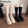 Зимние теплые плюшевые женские рыцарские длинные сапоги, модные сапоги на платформе до колена, лаконичные туфли на квадратном каблуке